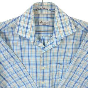 Peter Millar Crown Ease Shirt Mens M Blue Orange Plaid Long Sleeve Button Up